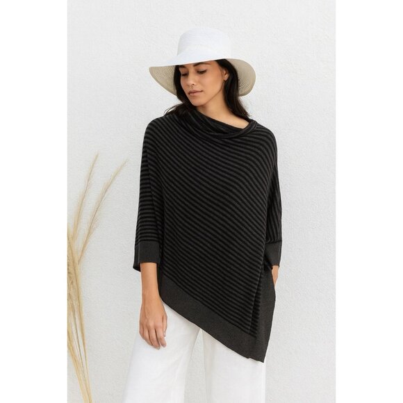 EILEEN FISHER cape sweater shawl wrap poncho striped knit lightweight black OS - Picture 1 of 6